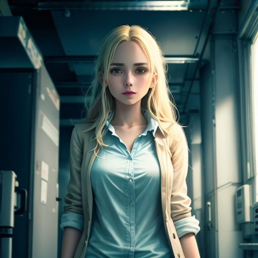 a woman in a blue shirt and jeans standing in a hallway with a suitcase in her hand and a suitcase in her other hand