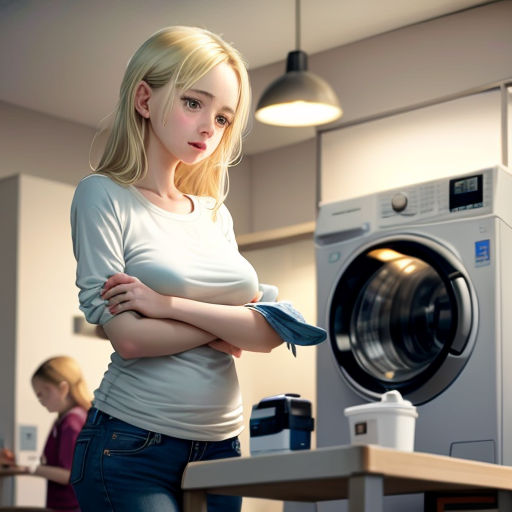 a woman standing in front of a washing machine in a kitchen with her arms crossed and her arms crossed