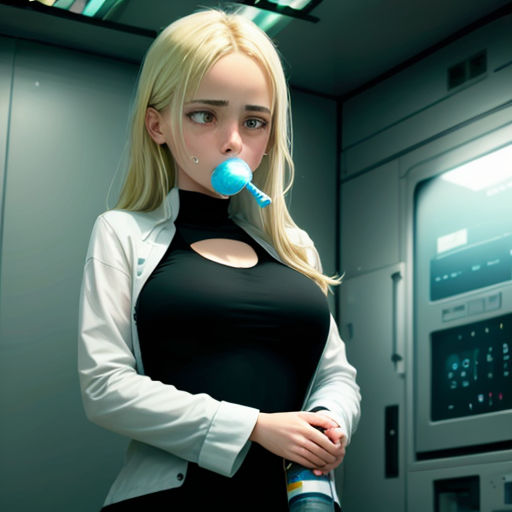 a woman with a pacifier in her mouth standing in a room with a machine in the background and a neon light above her