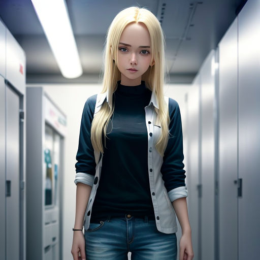 a woman standing in a hallway with a black shirt and jeans on and a black shirt on her chest