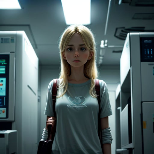 a woman standing in a hallway with a backpack on her shoulder and a computer screen in the background behind her
