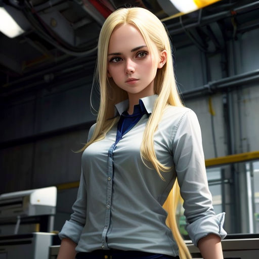 a woman with long blonde hair standing in a factory area with a machine in the background and a machine in the foreground