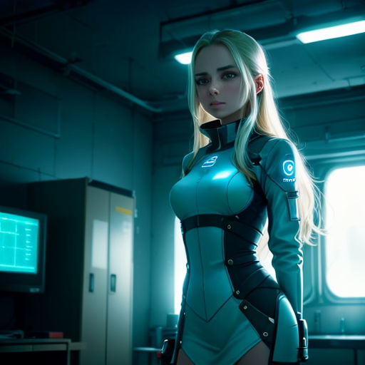 a woman in a futuristic suit standing in a room with a monitor screen in the background and a tv in the foreground