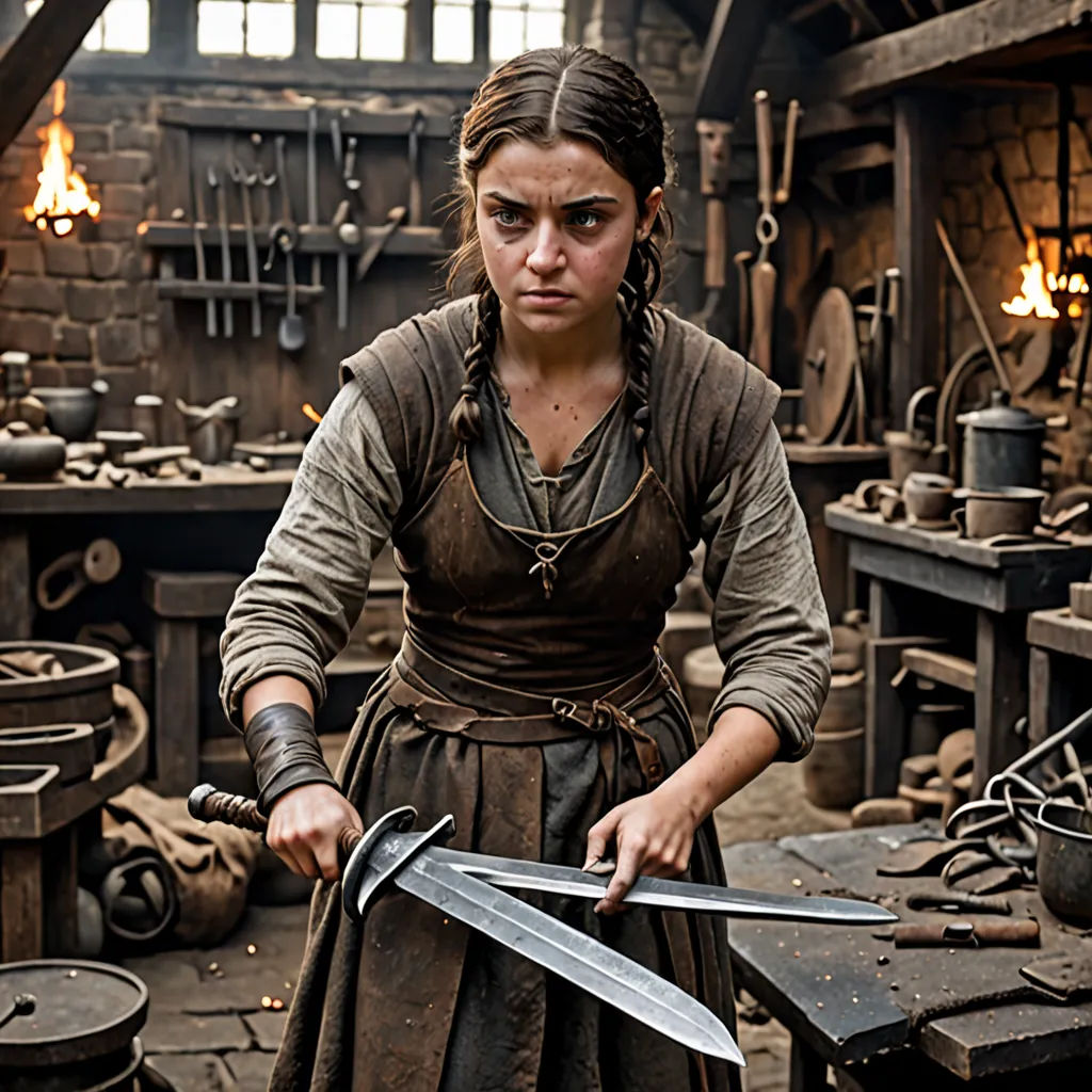 a woman in a workshop holding a large knife and a large knife blade in her hands and looking at the camera, Araceli Gilbert, feminist art, a detailed matte painting, promotional image