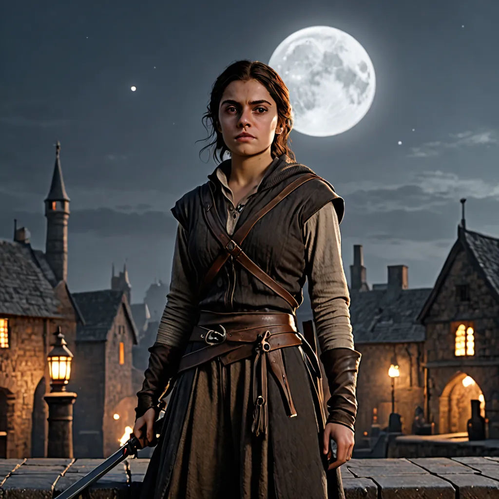 a woman in a medieval costume holding a sword in front of a castle with a full moon in the background, Araceli Gilbert, renaissance, a detailed matte painting, promotional image