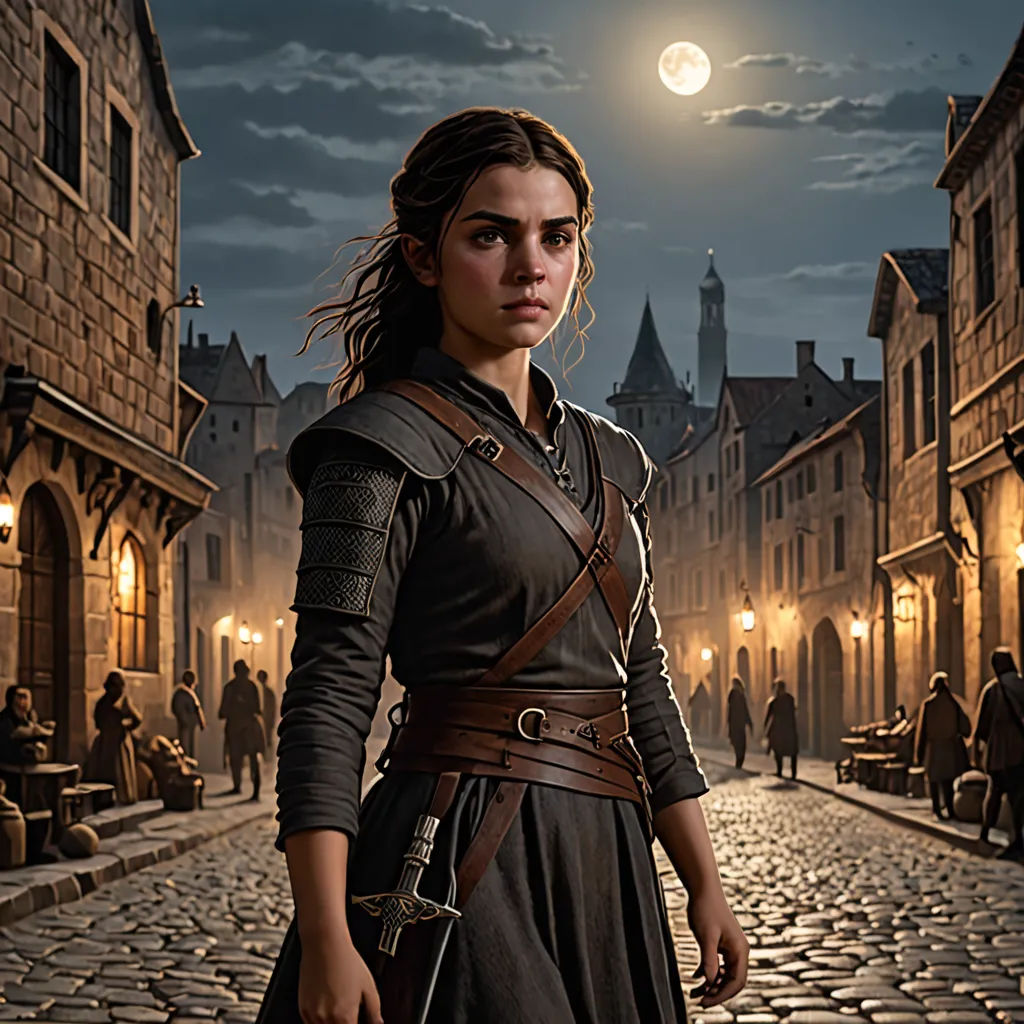 a woman in a medieval dress standing on a cobblestone street at night with a full moon in the background, Ada Gladys Killins, fantasy art, a detailed matte painting, key art