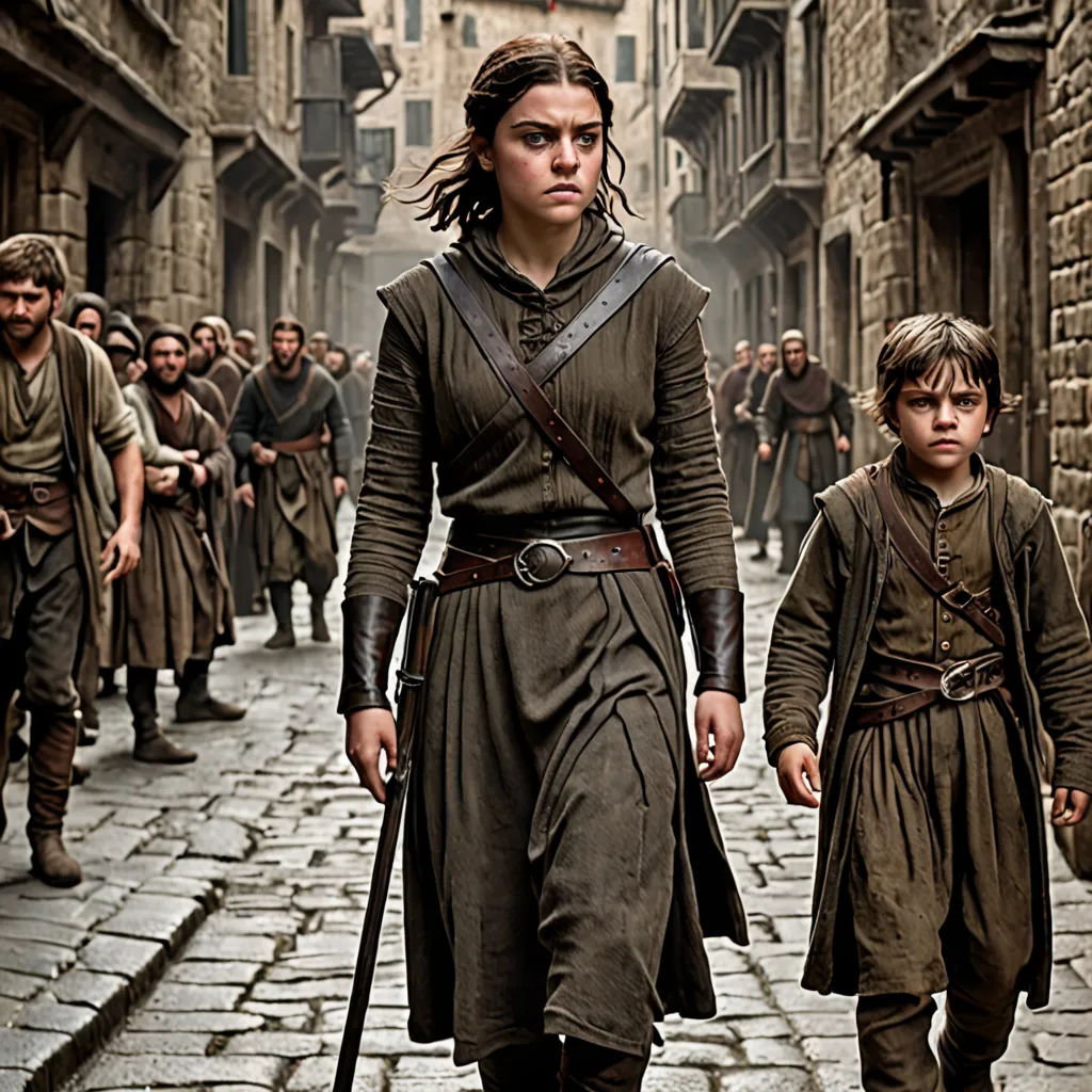 a woman and a boy walking down a street in a medieval setting with other people in the background,, Ada Gladys Killins, antipodeans, a detailed matte painting, promotional image