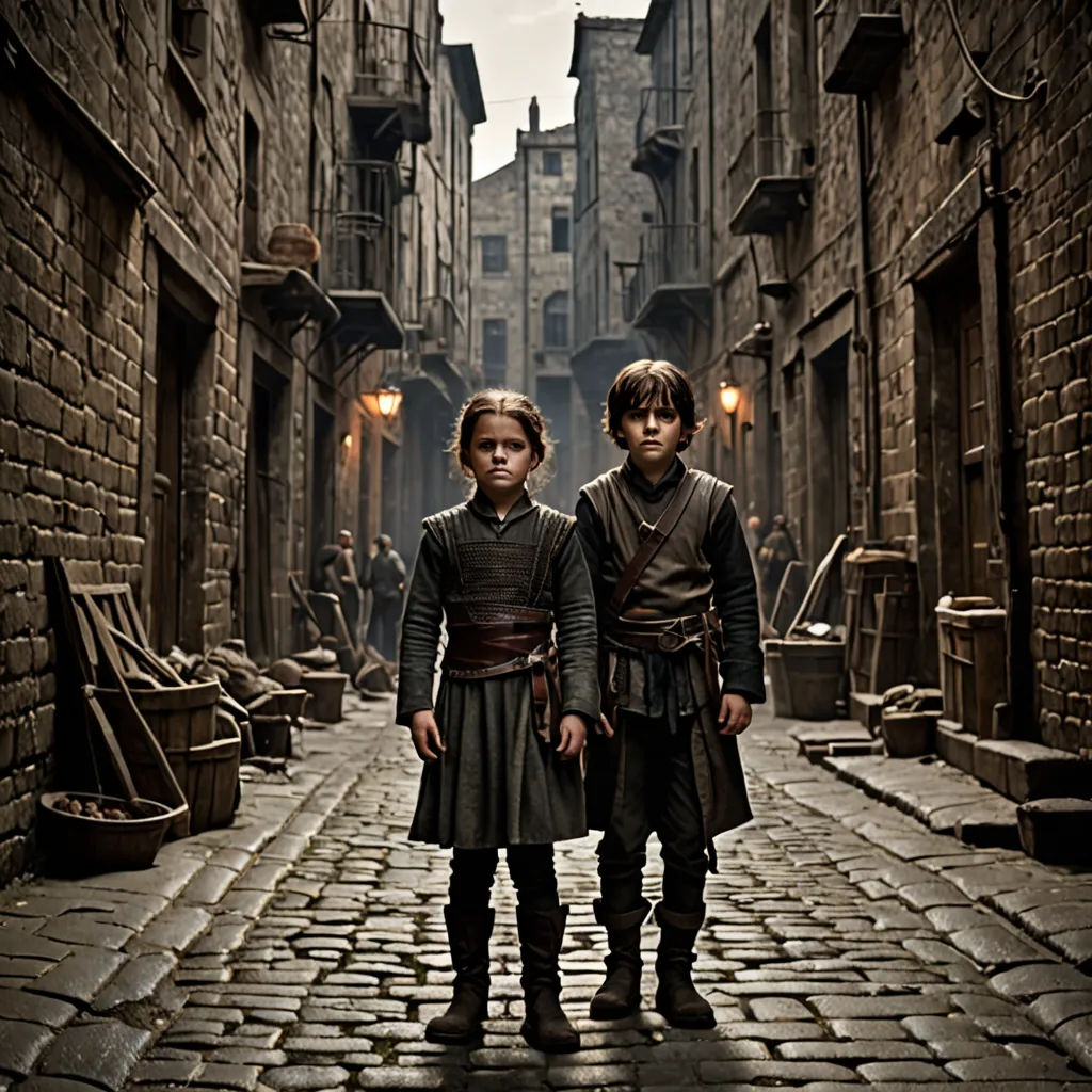 two children standing in an alley way in a medieval town with cobblestone streets and stone buildings on either side, Ada Gladys Killins, antipodeans, a detailed matte painting, promotional image