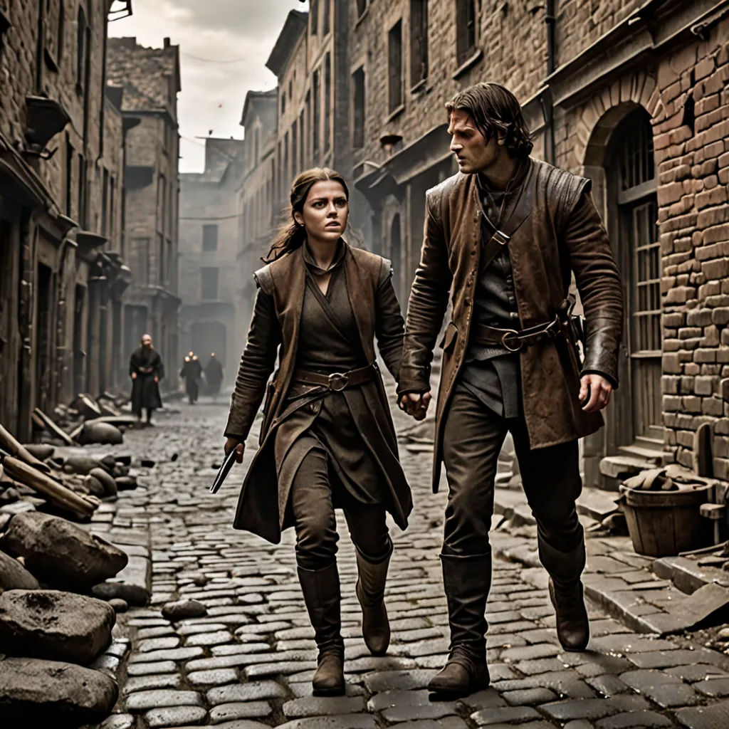 a man and a woman walking down a street together in a medieval setting with cobblestone streets and cobblestones, Dirk Crabeth, antipodeans, a detailed matte painting, promotional image