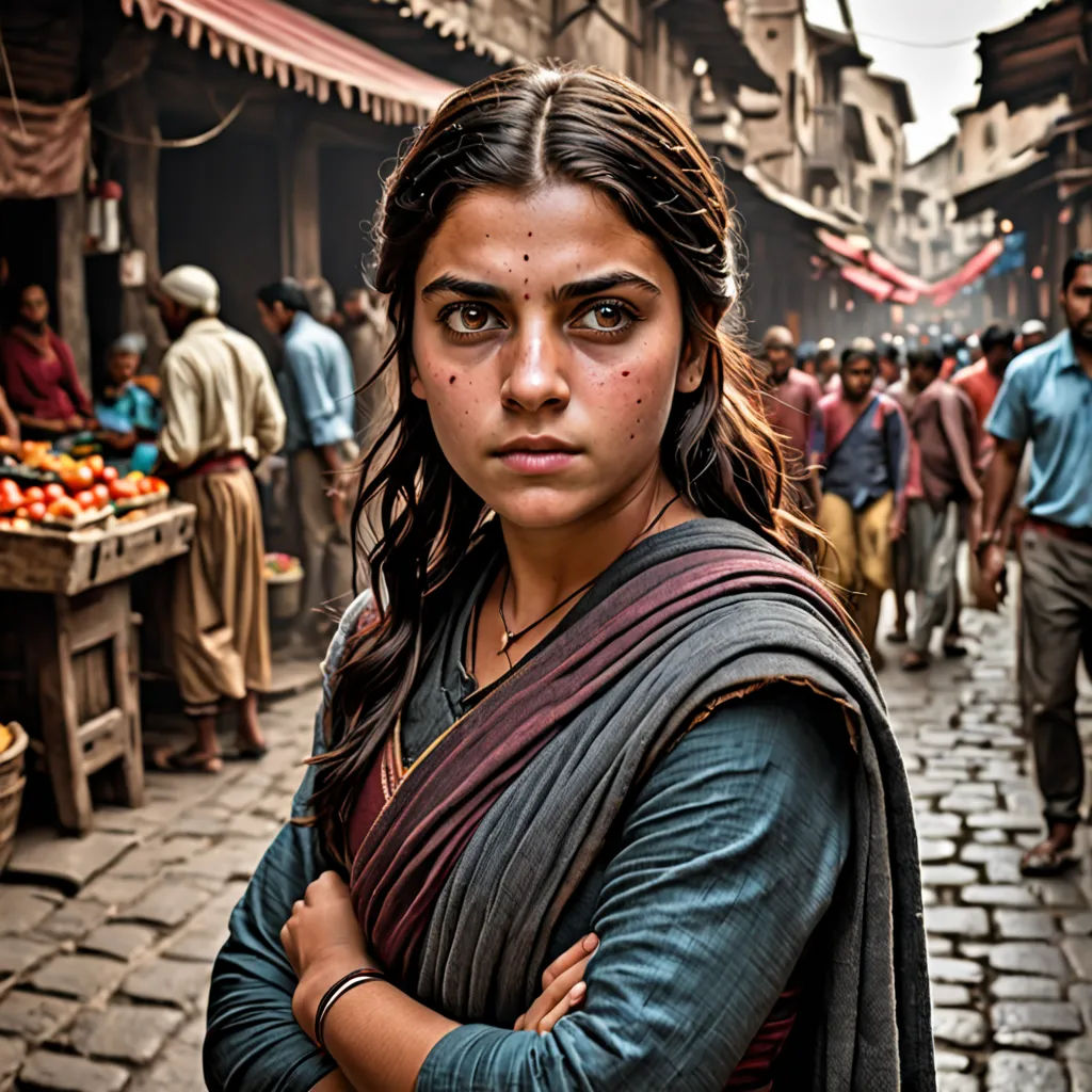 a woman standing in a market with her arms crossed and people walking around her on a brick road with a market in the background, Araceli Gilbert, samikshavad, a character portrait, promotional image