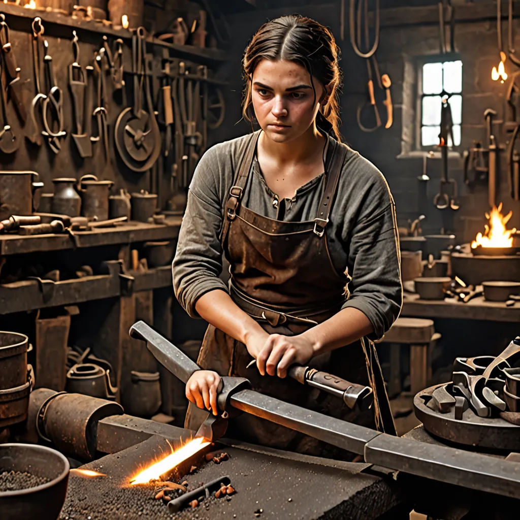 a woman in a workshop working on a piece of metal with a large knife in her hand and a fire burning in the background, Brigette Barrager, arbeitsrat für kunst, a bronze sculpture, promotional image