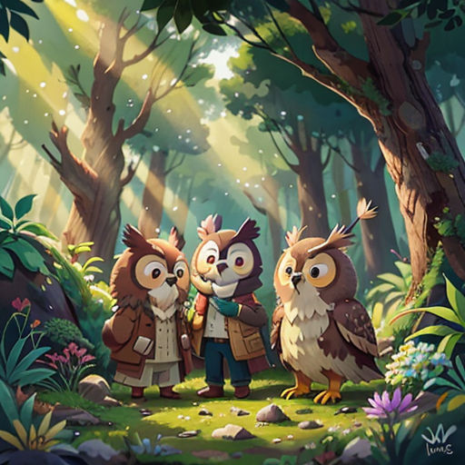 three owls standing in the middle of a forest with trees and flowers around them, with a man standing next to them
