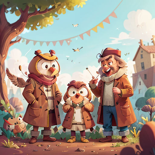 a family of three standing in front of a tree in a cartoon style, with a bird on top of the family