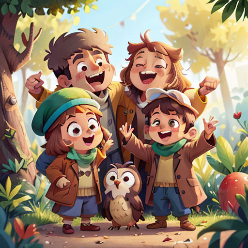 a group of people standing next to each other in a forest with an owl on their lap and an owl on their shoulder