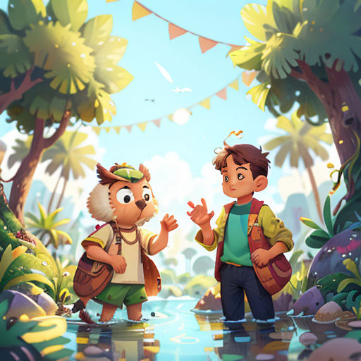 a couple of people standing in a forest next to a river and trees with flags flying above them and a stream of water
