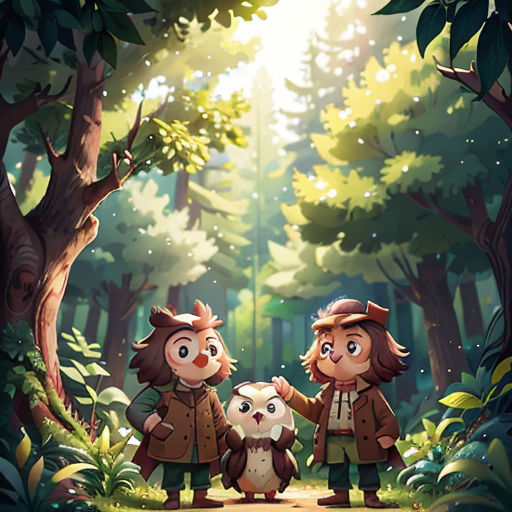two children standing in the woods holding hands with an owl in front of them, with a forest background