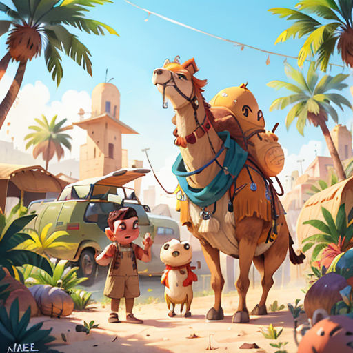 a man standing next to a horse and a dog in a desert area with palm trees and a car