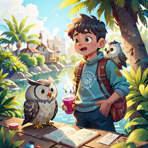 a boy standing next to an owl and a book on a table in a forest with a river and a forest background