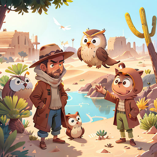 a man and a woman standing in a desert with an owl and a bird on their shoulders and a cactus in the background