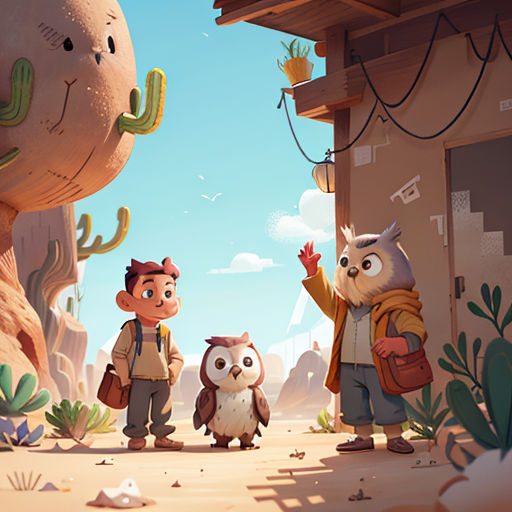 a group of people standing in front of a building with an owl and a bird on it's shoulder