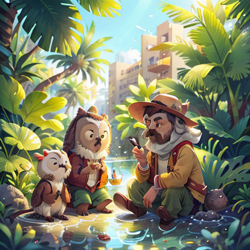 a man and a woman sitting on a river surrounded by jungles and trees, with an owl in the foreground