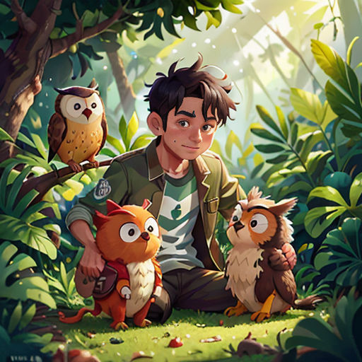 a man sitting on the ground with three owls and a bird in front of him, surrounded by trees