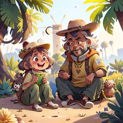 a man and a woman sitting on the ground in the jungle with a monkey and a bird in their hands
