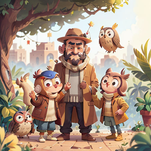 a man and two children standing in front of a tree with owls flying above them and a man with a beard