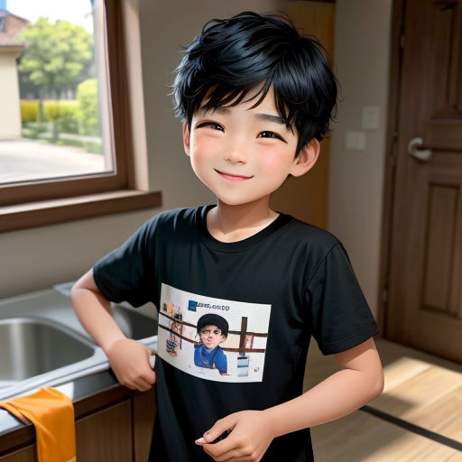 a young boy standing in front of a sink in a kitchen next to a window with a picture of himself on it