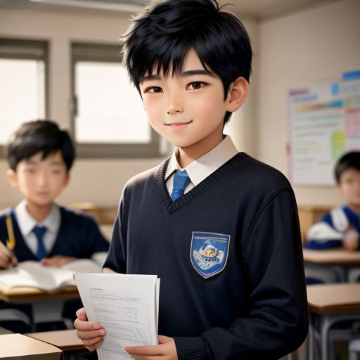 a boy in a school uniform holding a piece of paper in front of him and another boy in the background