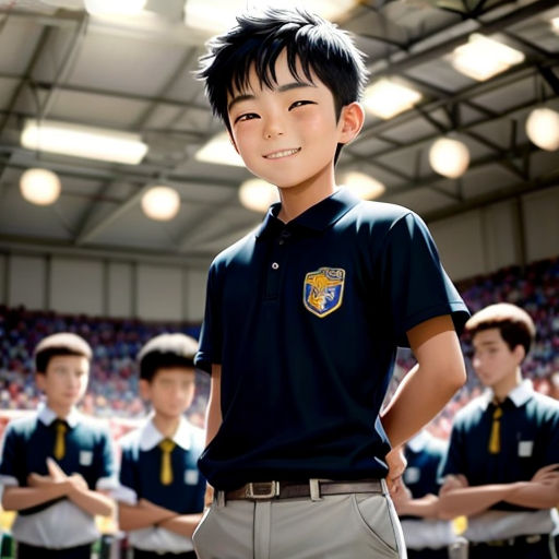a boy in a school uniform standing in front of a group of other boys in uniform in a stadium