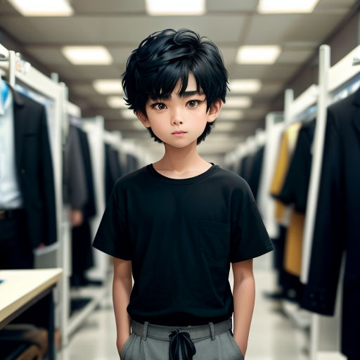 a young boy standing in front of a rack of clothes in a store or clothing store with a black shirt on