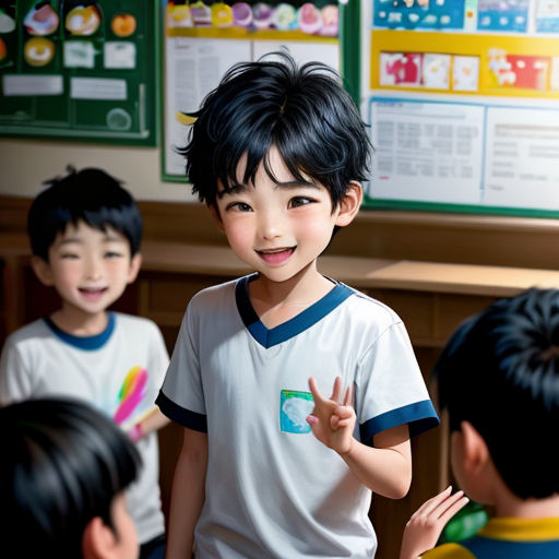 a group of children standing around each other in a classroom with a teacher in the background smiling at the camera