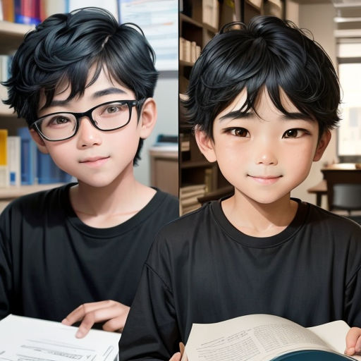 a boy with glasses is holding a book and looking at the camera while another boy is holding a book