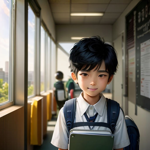 a boy with a backpack and a laptop in a hallway with a window and a sign on the wall