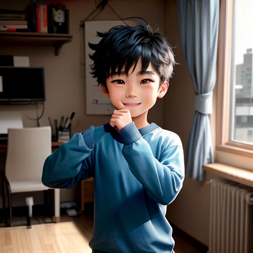 a boy in a blue shirt is standing in a room with a window and a desk in the background