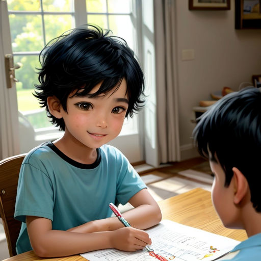 a boy sitting at a table with a pen and paper in front of him and another boy standing behind him