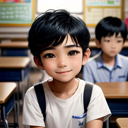 a boy in a white shirt and a boy in a blue shirt in a classroom with desks and chairs