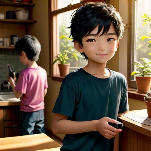 a boy standing in a kitchen next to a window holding a remote control in his hand and a girl standing behind him