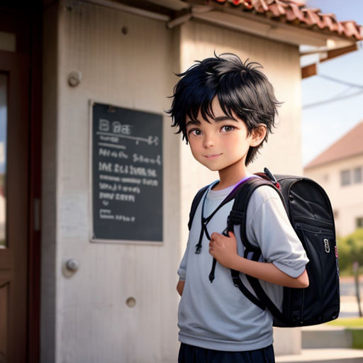 a young boy with a backpack standing in front of a building with a sign on it that says,