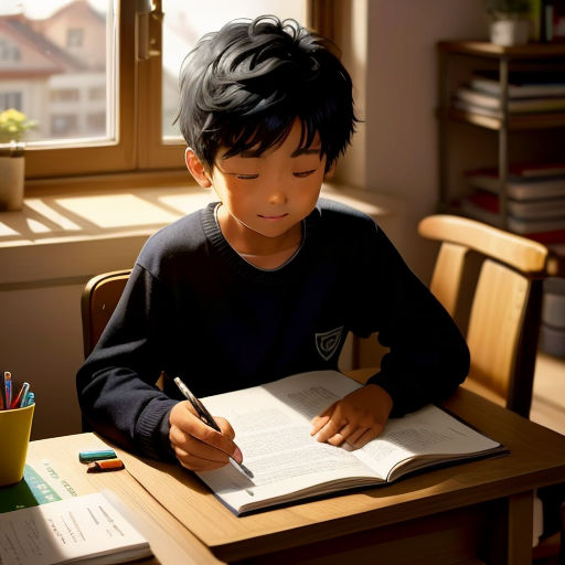 a young boy sitting at a desk writing on a book with a pencil in his hand and a cup of pens in front of him