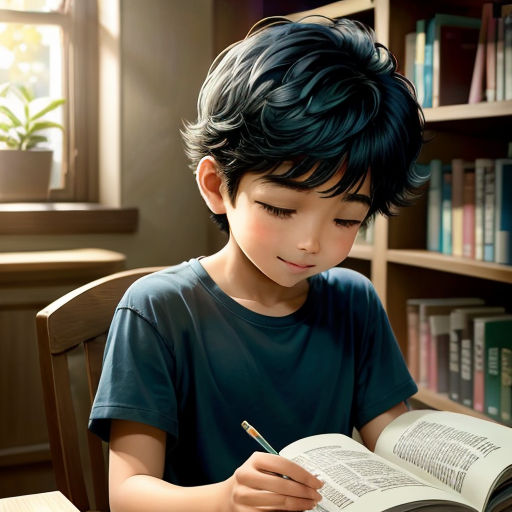 a boy is sitting in a chair and reading a book with a pencil in his hand and a book in his lap