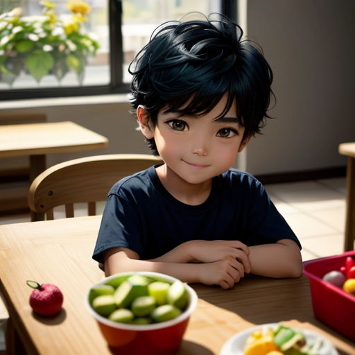a young boy sitting at a table with a bowl of fruit in front of him and a bowl of fruit in the background