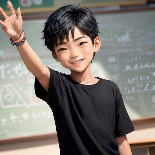 a young boy is waving in front of a chalkboard with writing on it and a hand up in the air