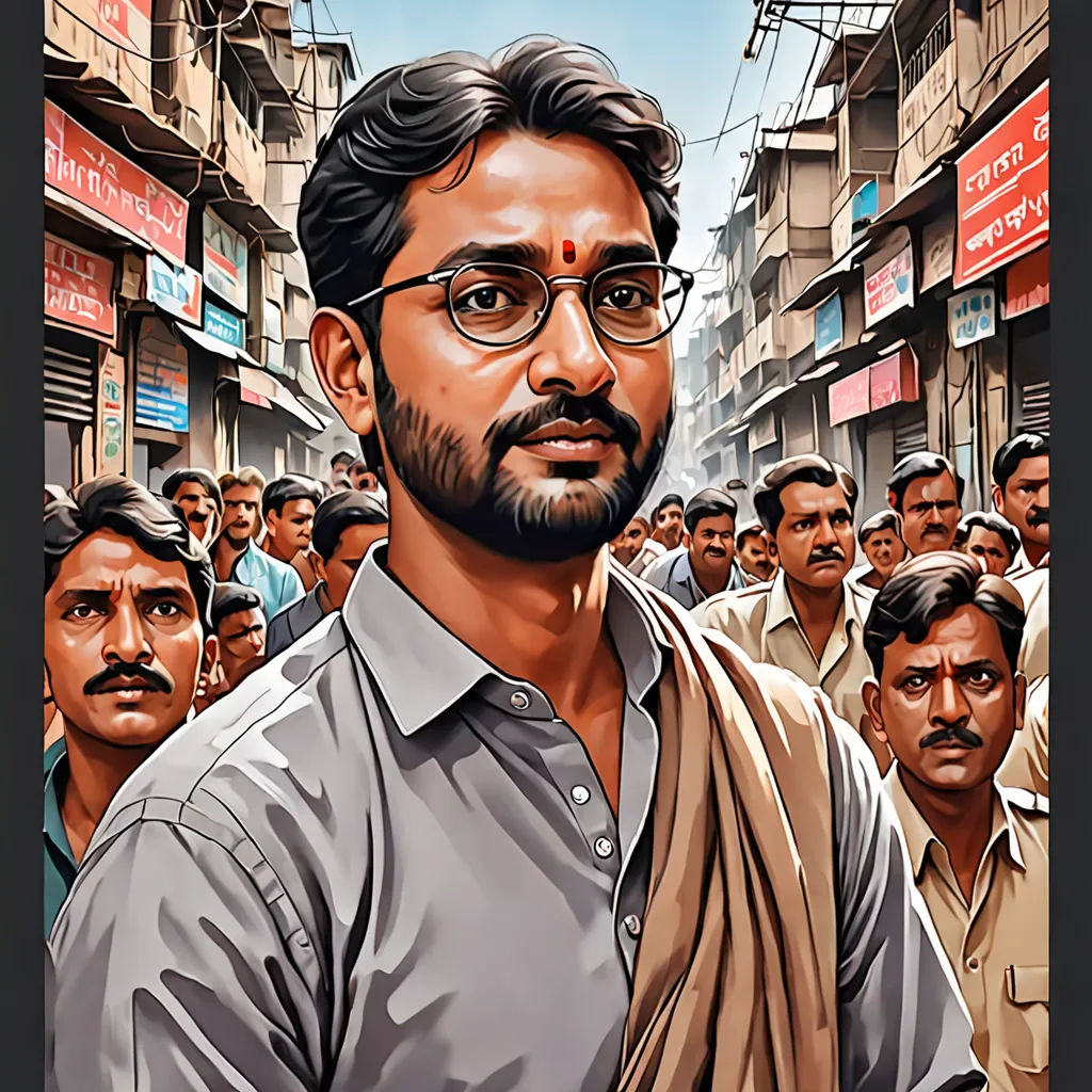 a man with glasses and a scarf in front of a crowd of people in india, with a portrait of him, samikshavad, poster art, Bholekar Srihari, movie poster