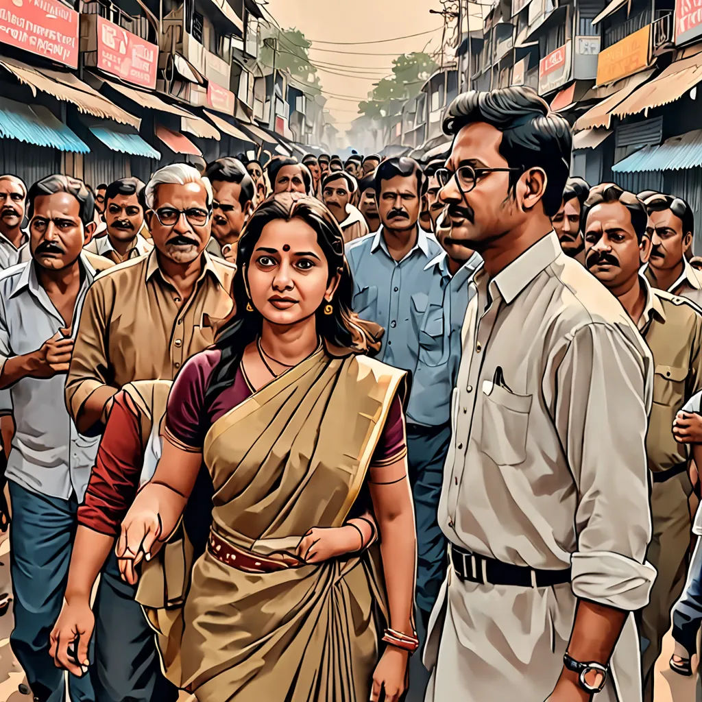 a painting of a woman in a sari walking with a man in a crowd of people in the street, bengal school of art, poster art, Ella Guru, cinematic still