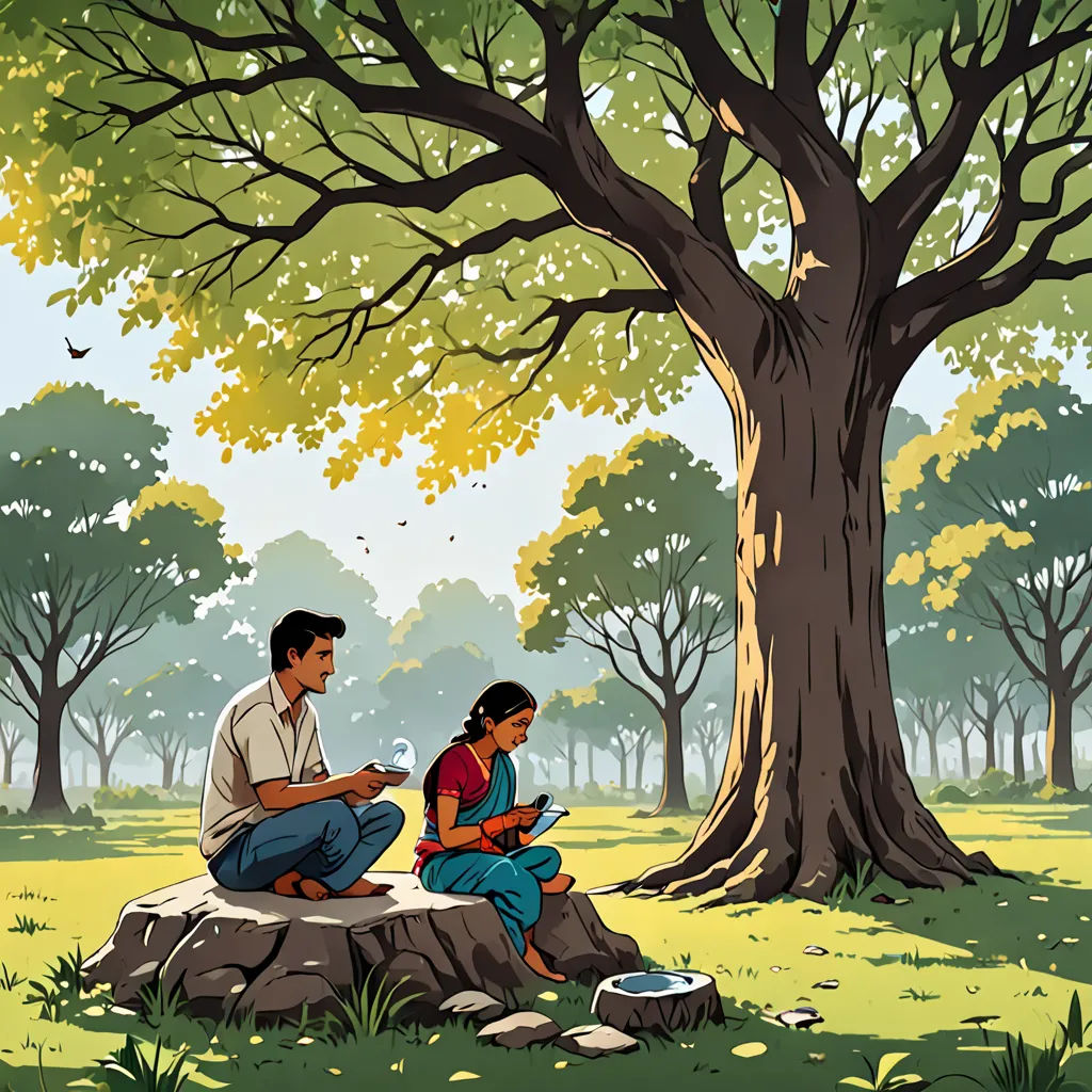 a man and a woman sitting on a rock under a tree in a park with a dog on the ground, samikshavad, a storybook illustration, Asaf Hanuka, storybook illustration