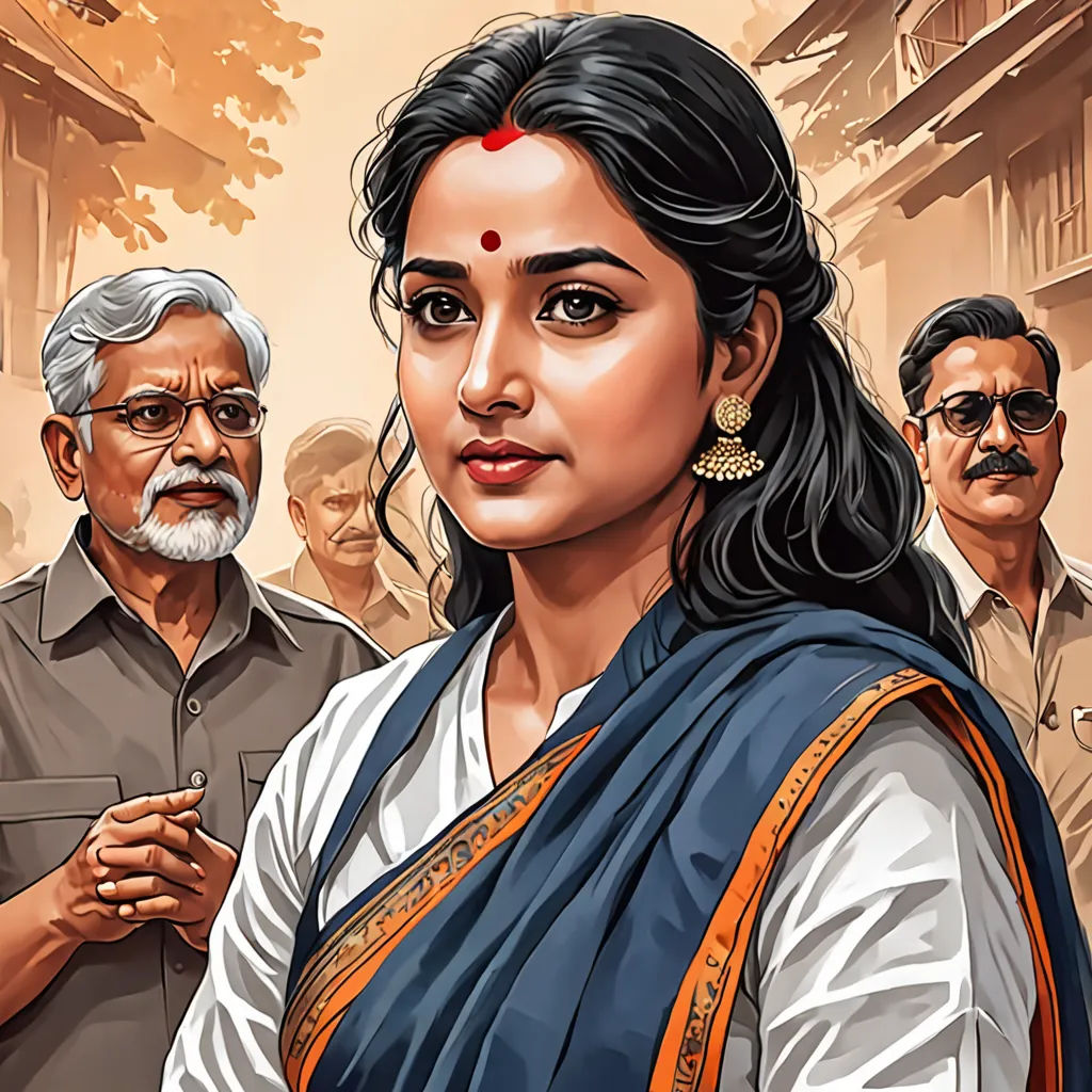 a woman in a sari standing in front of a group of people with a man in the background, serial art, poster art, Ella Guru, official art