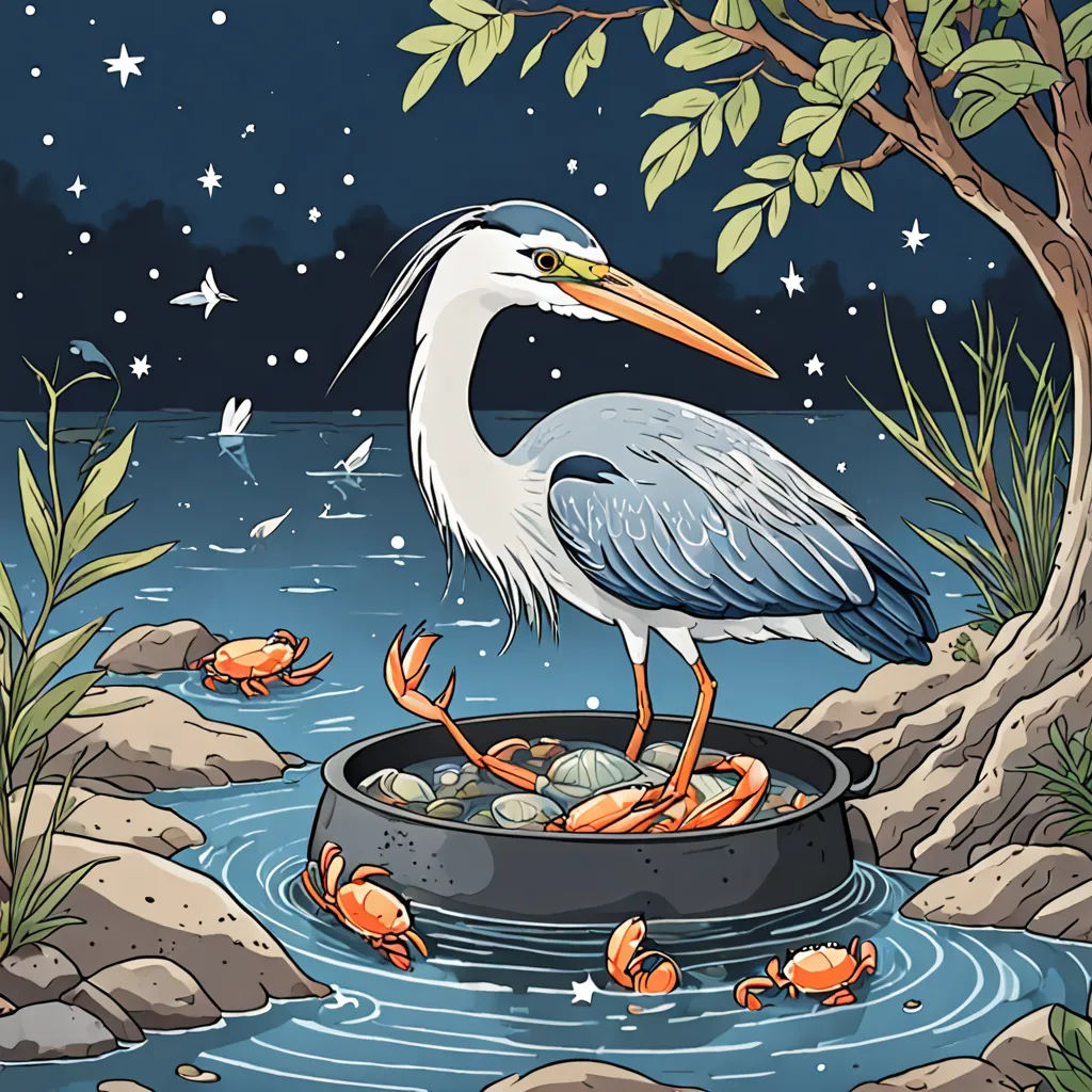 a bird standing on a bowl of water with crabs in it and a tree in the background with stars, naturalism, a storybook illustration, Craola, storybook illustration