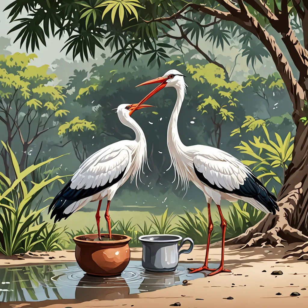 two birds standing next to each other near a cup of coffee and a tree with leaves on it and a watering can, american scene painting, a storybook illustration, Brothers Hildebrandt, birds